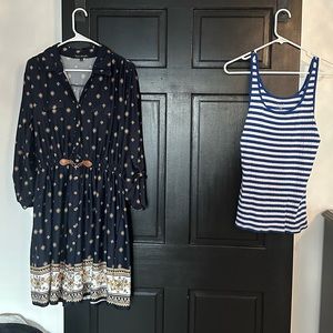 2 items. Long sleeve blue and tan dress and blue and white striped tank top.